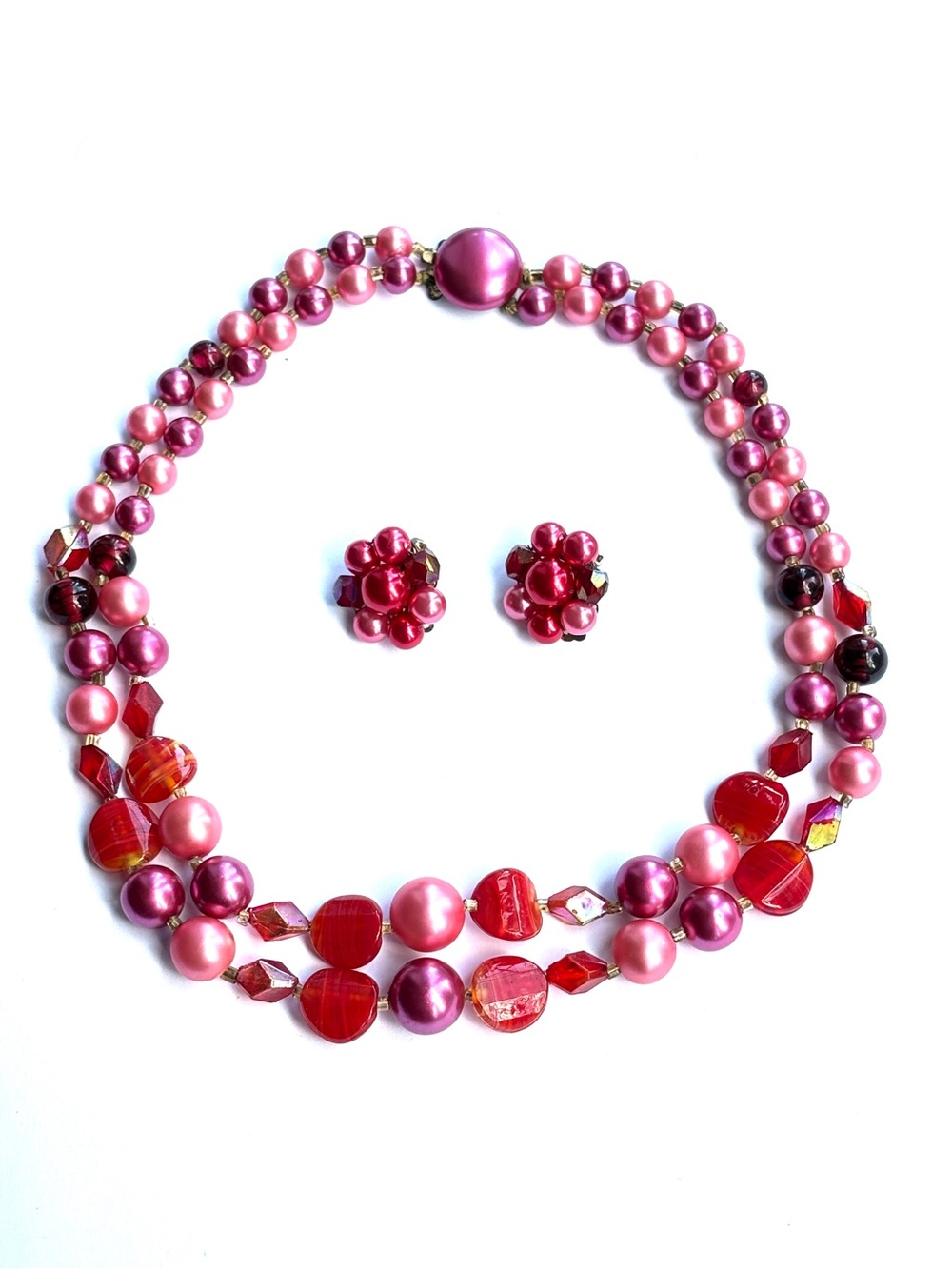 Vintage Japan Pink Red Faux Pearl Glass Bead 2 Strand Necklace Earrings Set